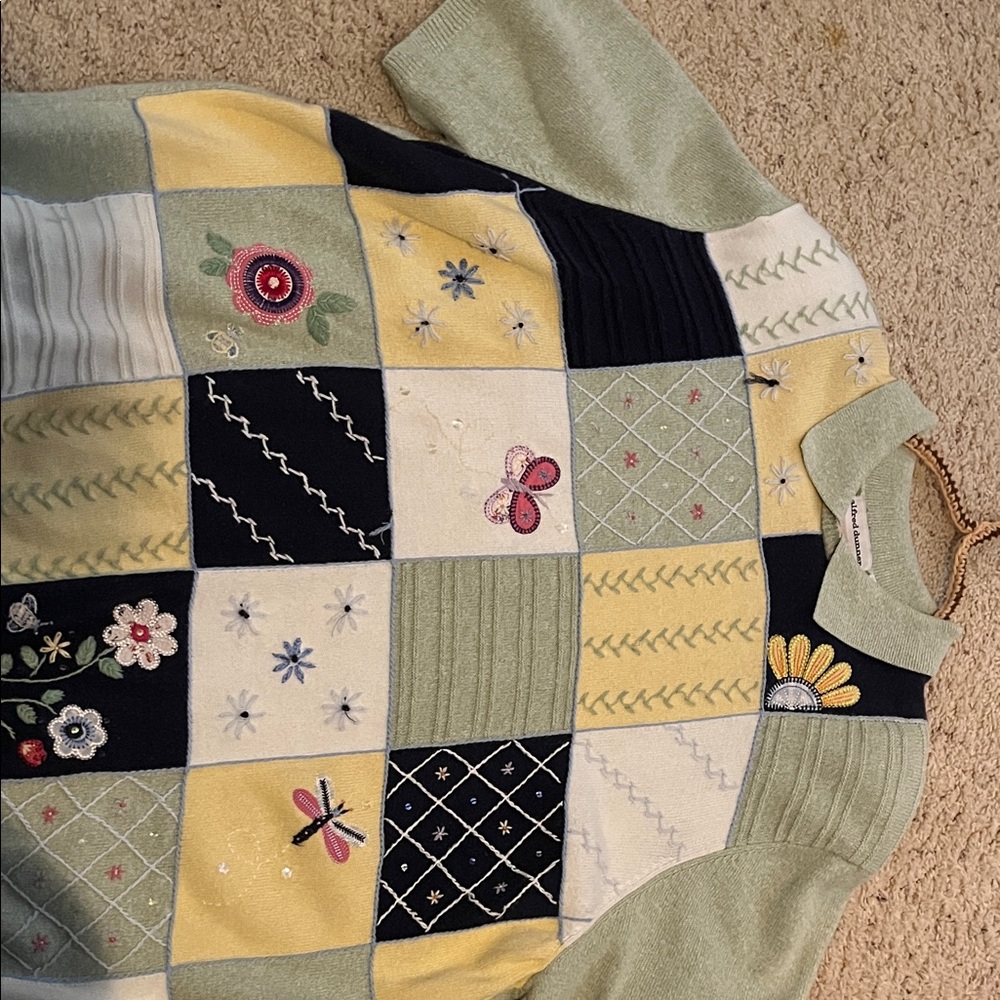 Alfred Dunner Floral Patchwork Sweater - Green, Yellow, Navy